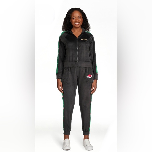 2pc black green HO HO HO bling sequin Christmas Velour Track pantsuit size XS(1) - Picture 9 of 10